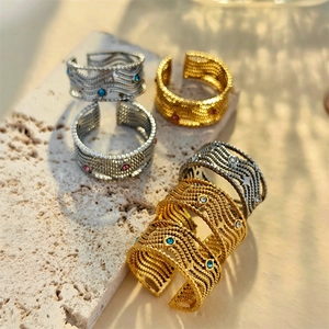 Vintage Geometric Multi-layer Open Ring For Women Minimalist Stainless Steel Adjustable Line Rhinestone Finger Ring Jewelry