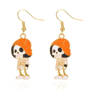 Halloween floral skull drop earrings with orange hat and white enamel in gold finish
