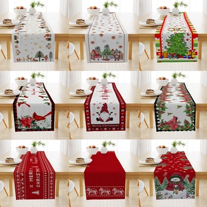 Christmas Table Runner Linen Printed Santa Reindeer Snowman Pattern For Dining Coffee Table Holiday Home Decoration