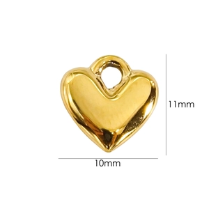 Detailed view of a small golden heart pendant showing 11mm by 10mm size specifications
