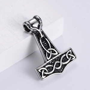 Gothic Thor's Hammer Mjolnir pendant with ram head in vintage stainless steel finish