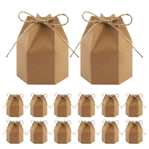 Brown hexagonal kraft paper gift boxes with twine bows, 14-piece European style packaging set
