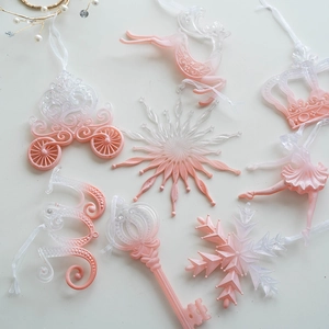 Set of 8 pink gradient Christmas tree ornaments in artistic elk and snowflake shapes