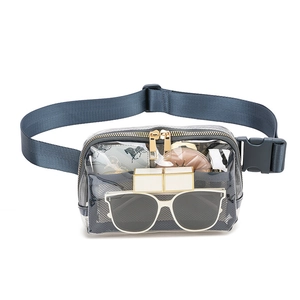 Transparent waterproof nylon waist bag with navy strap and gold zipper for outdoor sports