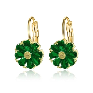 Elegant gold flower earrings with green pear-cut crystal petals on a white background