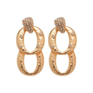 Golden oval hoop earrings with hammered texture and sparkling zircon accents for women