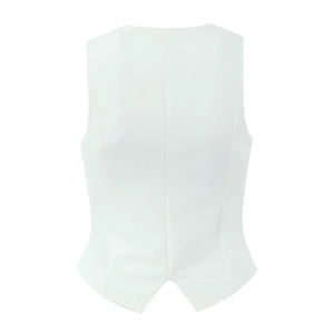 Back view of a white slim-fit tailored vest showing clean stitching and woven fabric