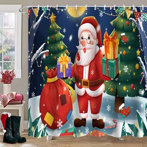 Detailed Christmas shower curtain with Santa Claus and festive tree in a cozy bathroom set