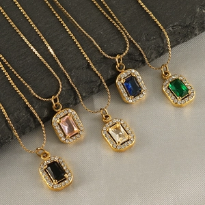 Detail of 18K gold-plated double-layer necklaces with colorful zircon stone pendants