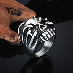 Gothic skull ring made of stainless steel with a vintage black and silver finish for men