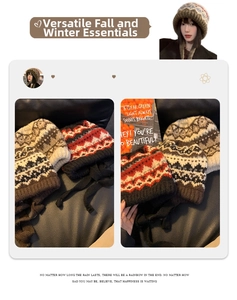 Detail view of Fair Isle knit hats with retro geometric patterns and warm earflaps