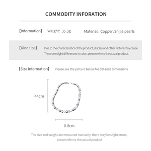 Detailed size and material chart for multi-colored pearl necklace with copper clasp