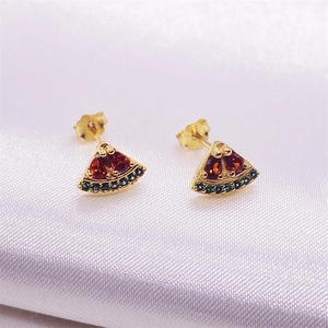 Elegant gold S925 silver watermelon stud earrings with red and green gemstone inlay