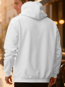Detail of white men's hoodie featuring ribbed cuffs and a premium knitted texture
