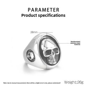 Detailed view of punk stainless steel skull ring showing 26mm height and 26g weight