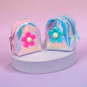 Mini transparent holographic floral backpack coin purse with pink and blue flower charms