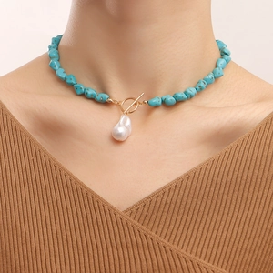Irregular Turquoise Beads Necklace With Artificial Baroque Pearl Pendant Alloy OT Clasp Bohemian Vintage Style For Women
