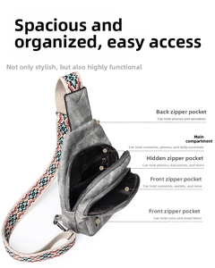Detailed view of gray canvas chest bag with colorful ethnic embroidered shoulder strap