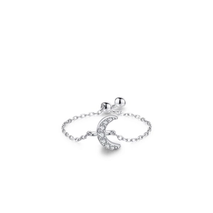 Anello a catena in argento sterling S925 con ciondolo a luna micro-pave e zirconi bianchi