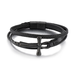 Braided black leather bracelet with an Egyptian Ankh cross symbol and magnetic clasp
