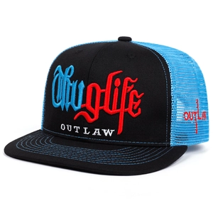 Detail of ThugLife 3D embroidery and breathable blue mesh on a two-tone trucker cap