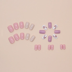 Pink and purple macaron false nails set with red heart and flower patterns