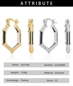 Detailed attribute chart for S925 silver hexagonal earrings with CZ stone inlay