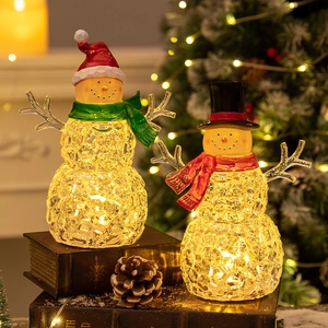 Pair of crystal LED snowman figurines with warm lights for Christmas tabletop decoration