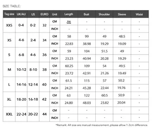 Detailed size chart for women's knit sweater and pants set showing measurements in cm and inch
