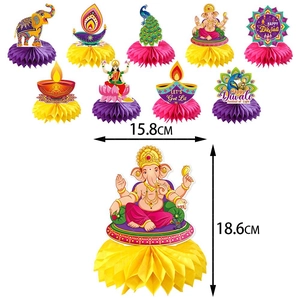 9-piece Diwali honeycomb table centerpieces featuring Ganesha and Lakshmi designs