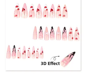 Macro shot of 3D pink bows and leopard print details on long almond press-on nails