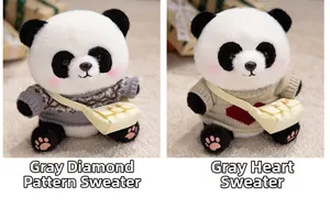 Details von niedlichen Panda-Plüschtieren mit grauen Strickpullovern und Herz-Mustern