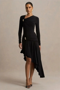 Detail of black off-shoulder dress with elegant gold buckles and asymmetric ruffles