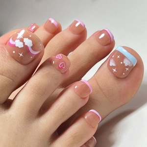 Press On Toenails French Tip Blue Pink Rainbow Cloud Hollow Heart Square Shape Glossy Artificial False Nails For Women