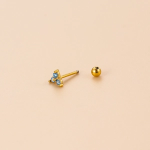 Golden stainless steel cartilage stud with light blue zircons and screw back ball