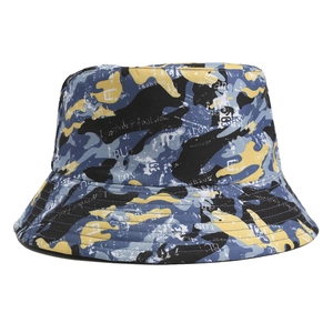 Close-up of camouflage bucket hat featuring blue yellow print and street fashion lettering