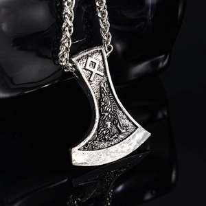 Viking axe pendant necklace in vintage silver finish with wolf and rune engravings