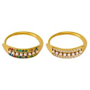 Adjustable stainless steel ring set with shell pearls and colorful cubic zirconia