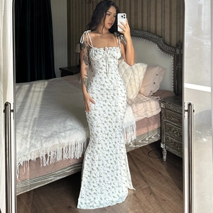 Women Summer Floral Print Spaghetti Strap Maxi Dress Backless Bodycon U-Neck Fishtail Polyester Spandex Sexy Streetwear