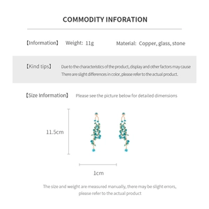 Detailed technical diagram showing 11.5cm long crystal fringe earrings and 11g weight