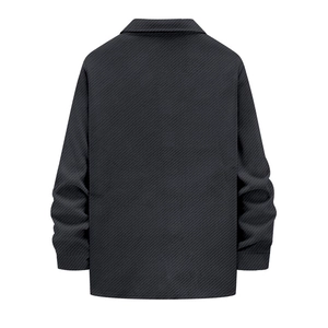 Detailed view of back of men's black heavy twill jacket showing high-quality fabric texture