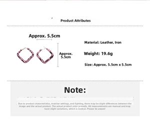Macro detail of pink leopard print leather square hoop earrings with dimensions and weight