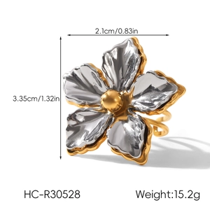 Macro view of large flower ring with silver petals and golden edges, measuring 3.35cm x 2.1cm