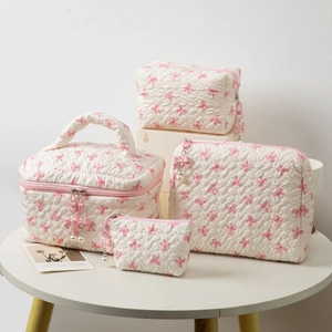 Bowknot Quilted Makeup Bag Toiletry Travel Cosmetic Organizer Large Capacity Portable Polyester Women Bag
