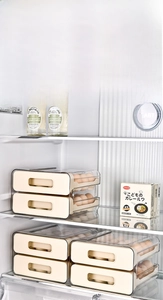 Close-up of a multi-layer drawer-style egg storage box for refrigerator organization