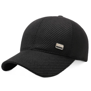 Winter warm black baseball cap for men with thick fleece lining and mountain metal plate