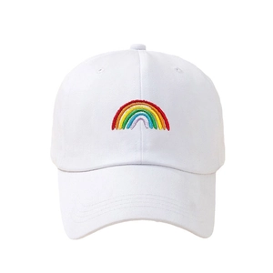 Unisex white washed cotton baseball cap with colorful rainbow embroidery on front