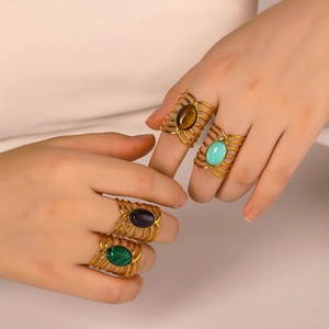 French style gold plated multi-layer stainless steel rings with colorful oval stones