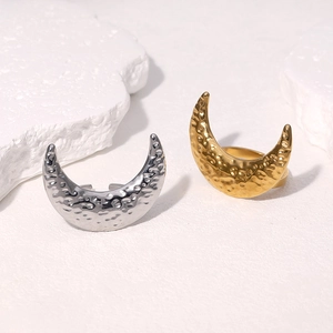 Hammered Moon Open Ring Stainless Steel 18K Gold Plated Adjustable Crescent Ring For Women Minimalist Jewelry