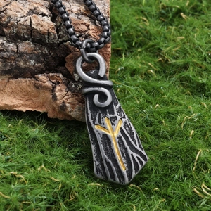 Vintage Viking rune pendant necklace with yellow Algiz symbol on rustic stone texture